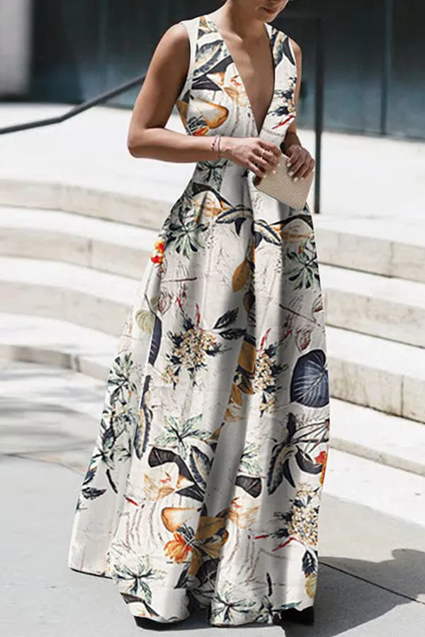 Vacation Style V-neck Sleeveless Print Dress