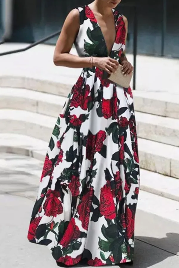 Vacation Style V-neck Sleeveless Print Dress