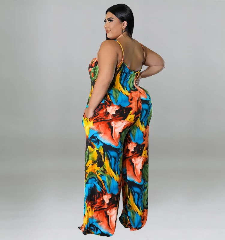 Vibrant Abstract Print Wide-Leg Suspender Jumpsuit