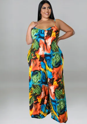 Vibrant Abstract Print Wide-Leg Suspender Jumpsuit