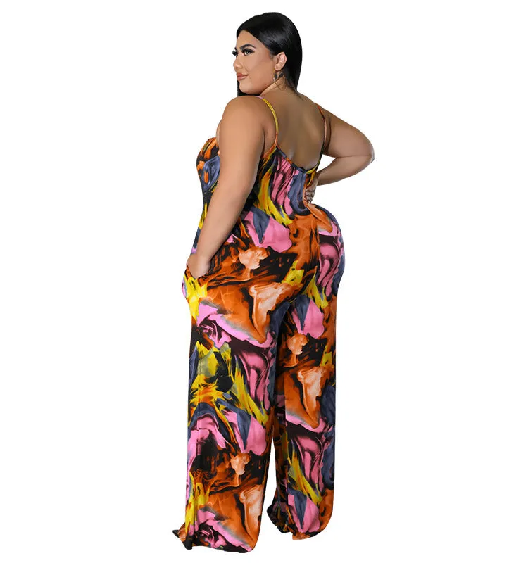 Vibrant Abstract Print Wide-Leg Suspender Jumpsuit