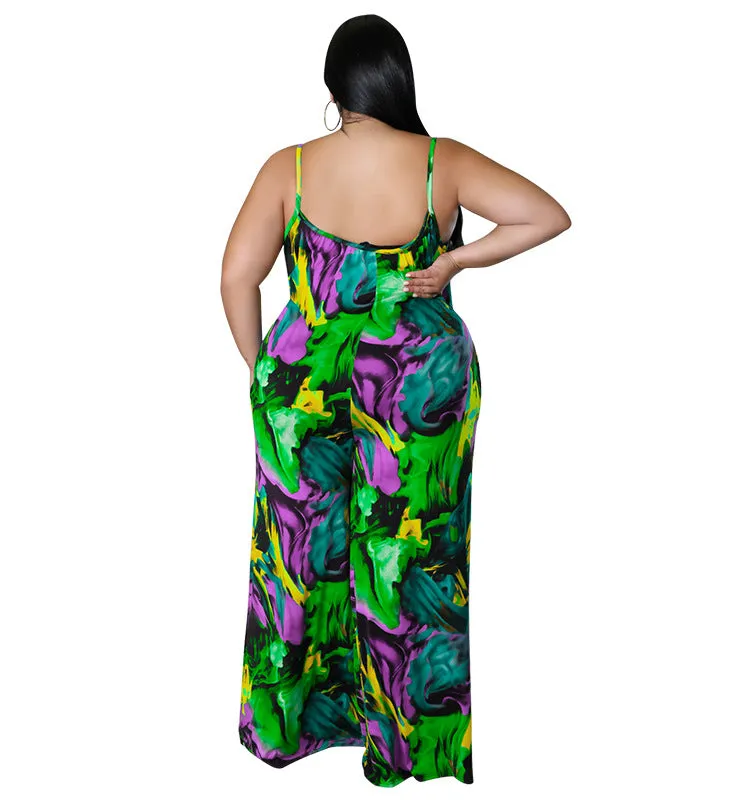 Vibrant Abstract Print Wide-Leg Suspender Jumpsuit