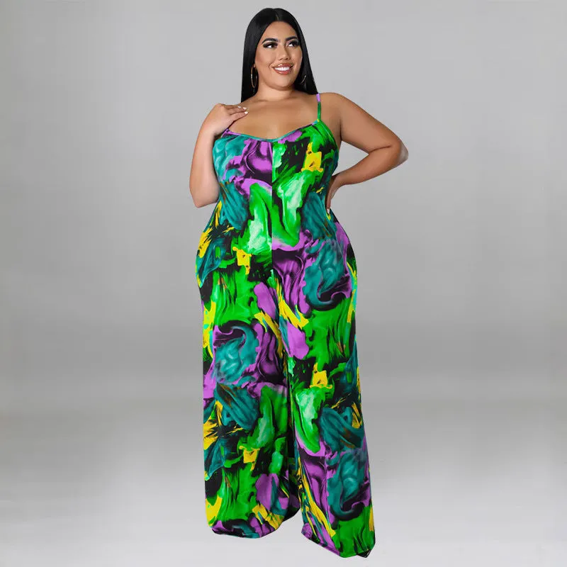 Vibrant Abstract Print Wide-Leg Suspender Jumpsuit