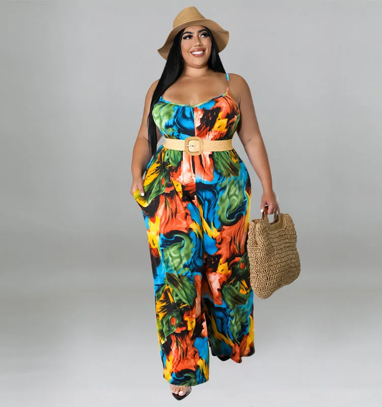 Vibrant Abstract Print Wide-Leg Suspender Jumpsuit
