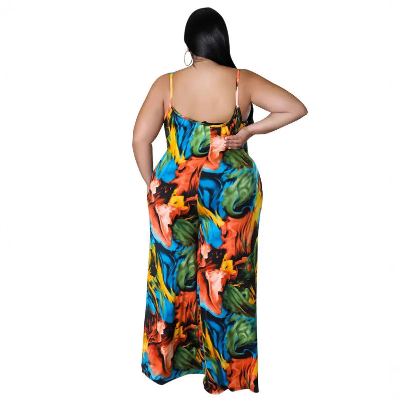 Vibrant Abstract Print Wide-Leg Suspender Jumpsuit