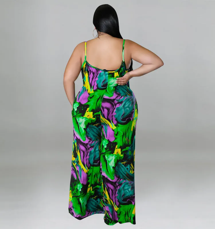 Vibrant Abstract Print Wide-Leg Suspender Jumpsuit