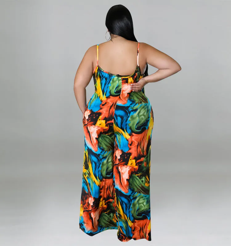 Vibrant Abstract Print Wide-Leg Suspender Jumpsuit