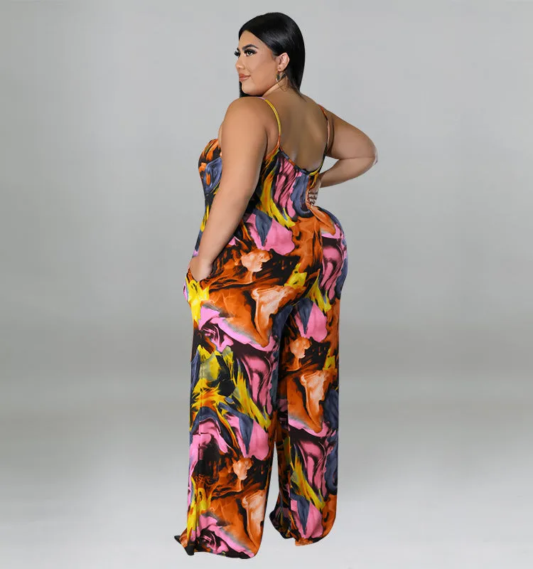 Vibrant Abstract Print Wide-Leg Suspender Jumpsuit