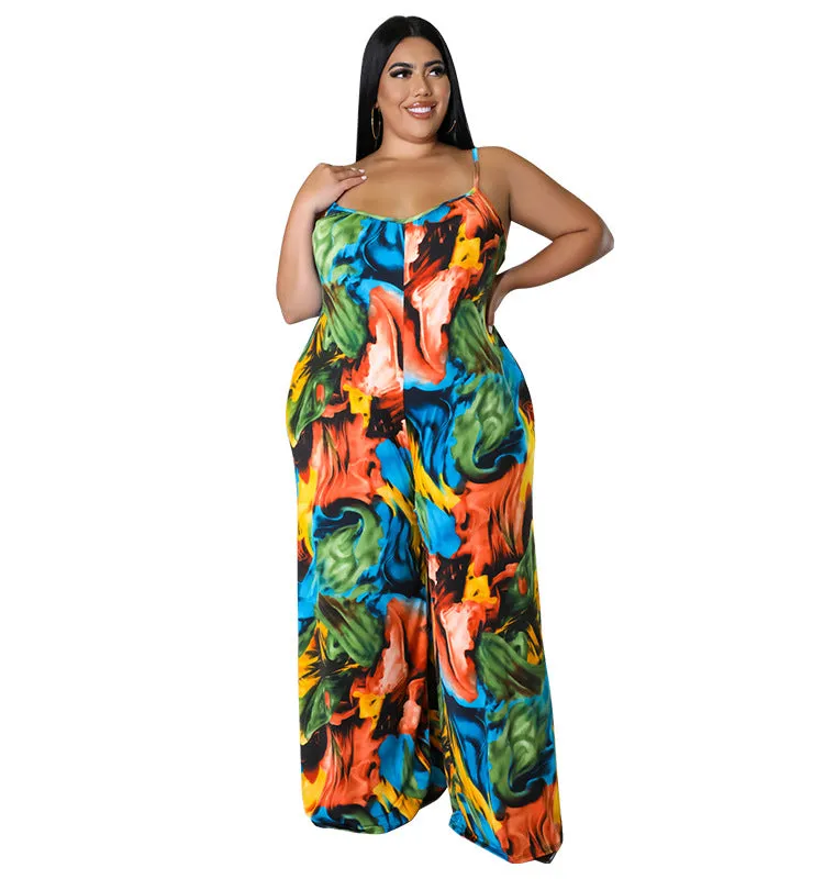 Vibrant Abstract Print Wide-Leg Suspender Jumpsuit