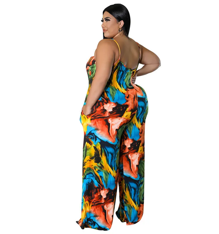 Vibrant Abstract Print Wide-Leg Suspender Jumpsuit