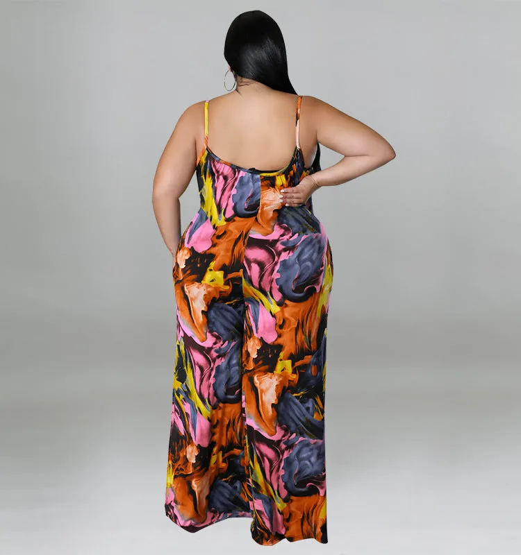 Vibrant Abstract Print Wide-Leg Suspender Jumpsuit