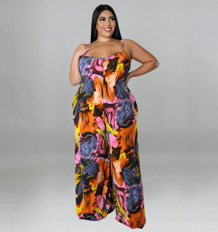 Vibrant Abstract Print Wide-Leg Suspender Jumpsuit