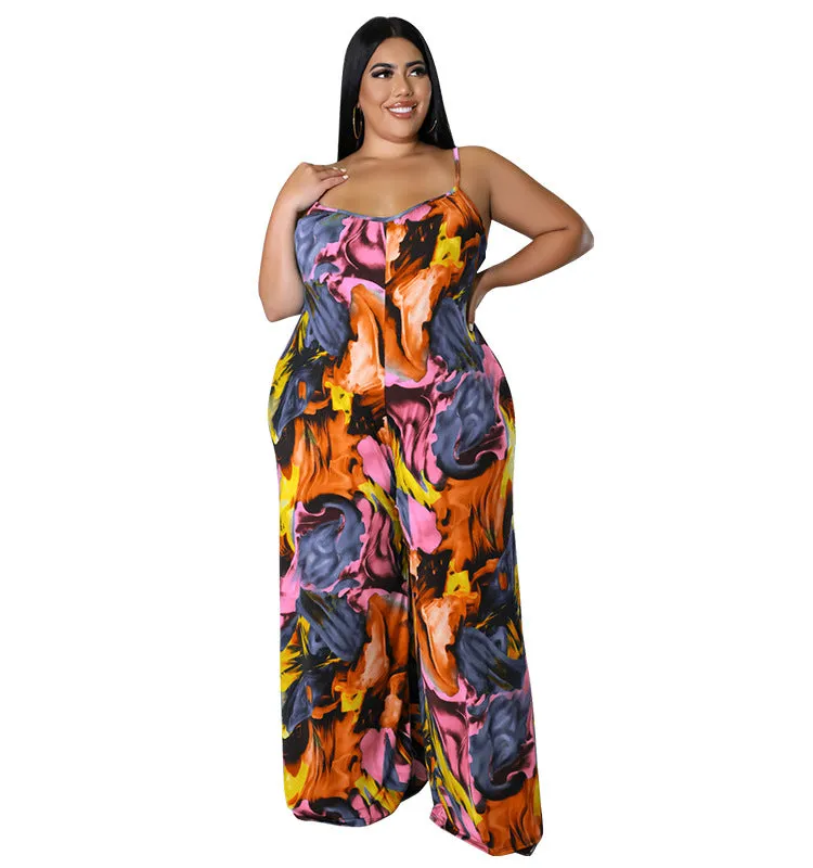 Vibrant Abstract Print Wide-Leg Suspender Jumpsuit