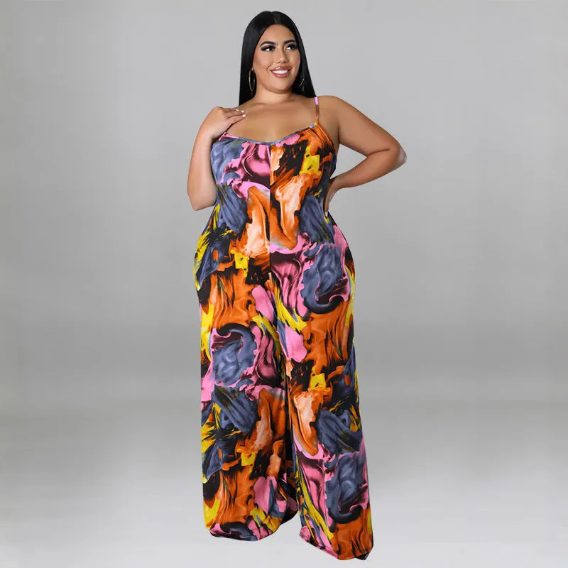 Vibrant Abstract Print Wide-Leg Suspender Jumpsuit