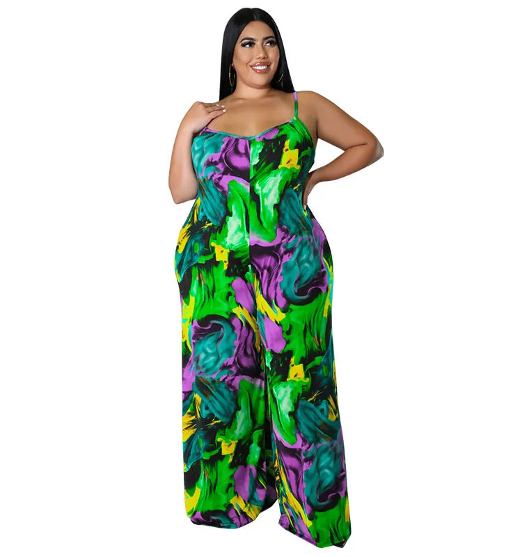 Vibrant Abstract Print Wide-Leg Suspender Jumpsuit