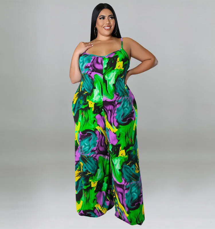 Vibrant Abstract Print Wide-Leg Suspender Jumpsuit
