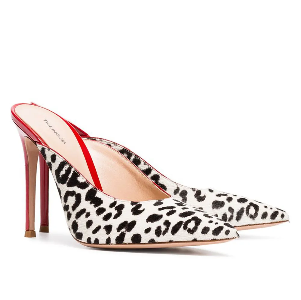 White Leopard Print Horsehair Women High Heels