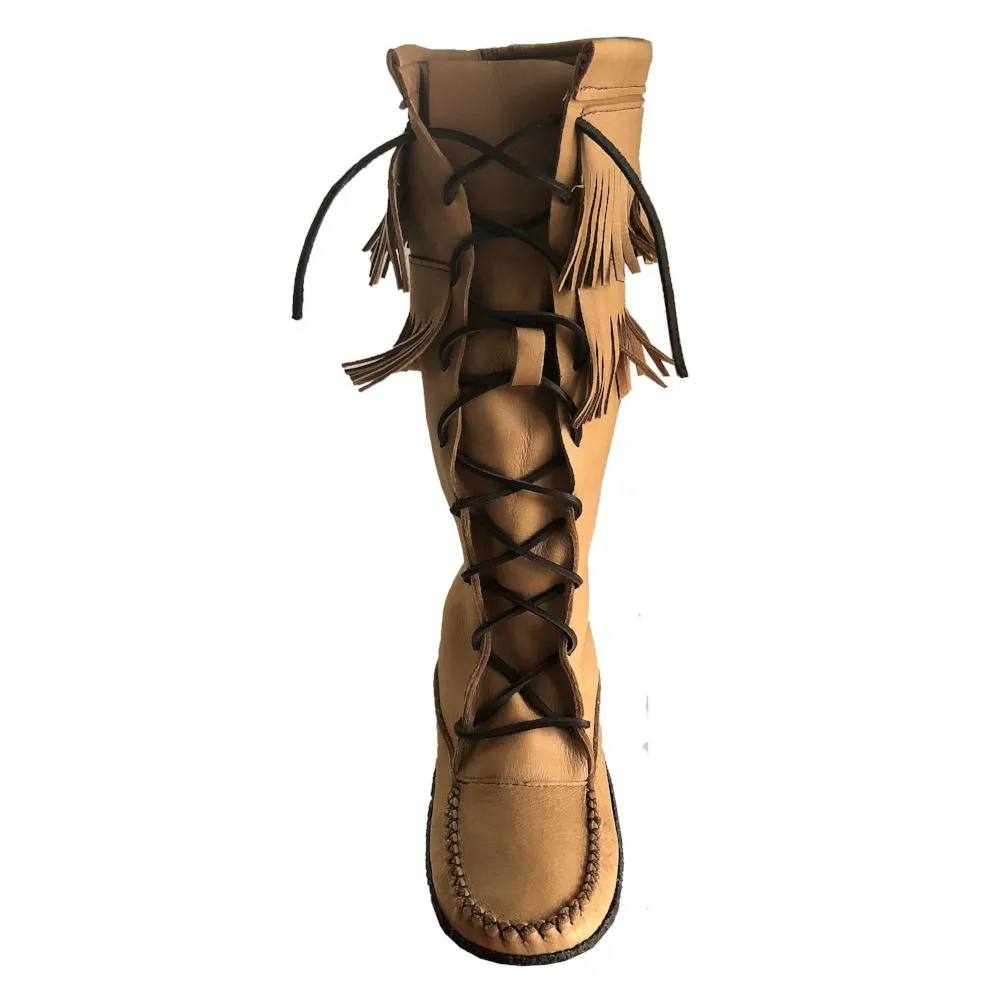 Women's Moose Hide Leather Fringed Knee High Moccasin Boots